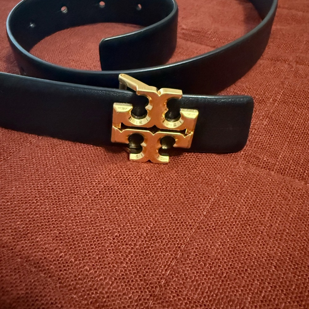 Tory Burch Black Leather Belt with Gold Accents